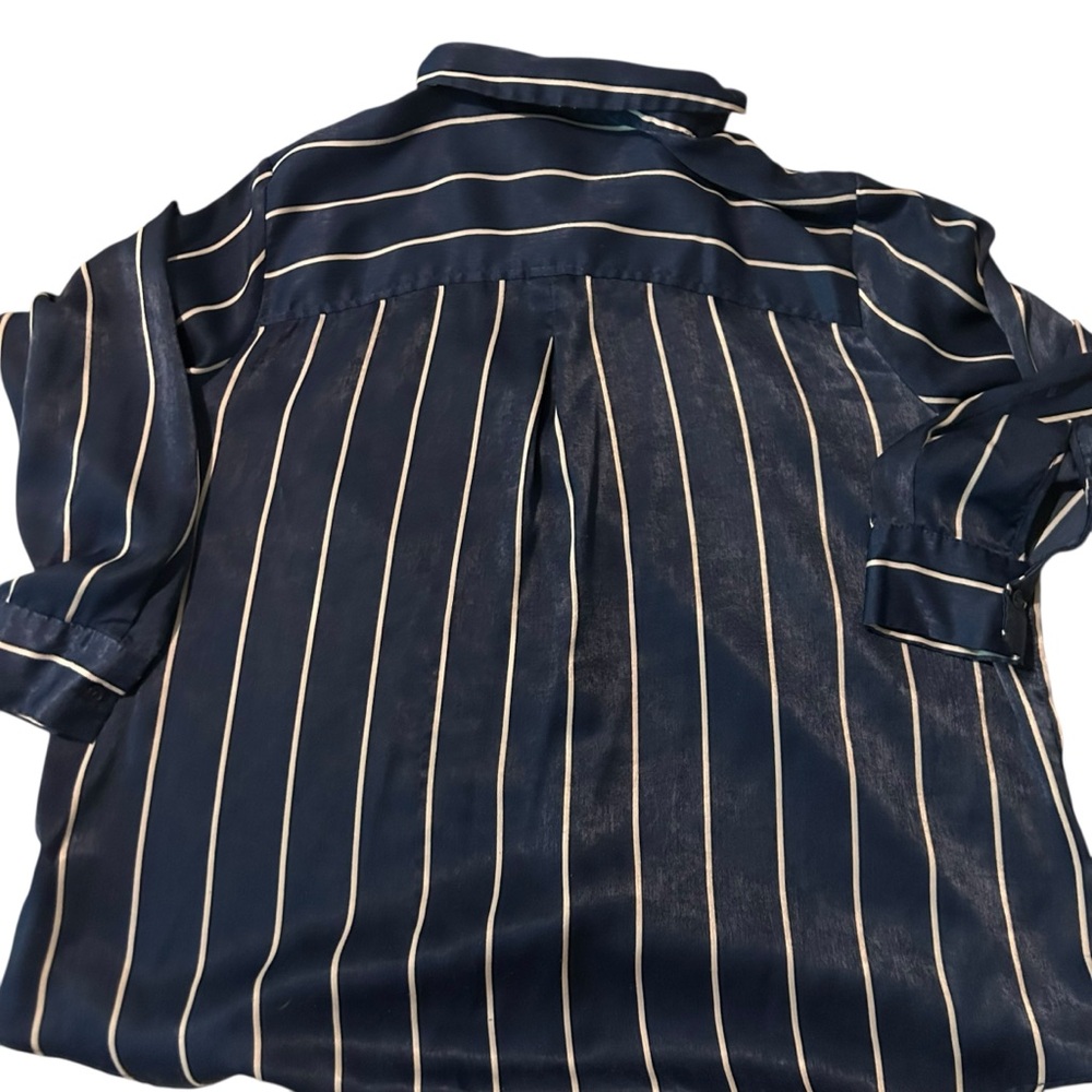 Maurices Navy Blue White Stripe Button Down Blouse – Size 1X Satin-like Sheen - Picture 3 of 8
